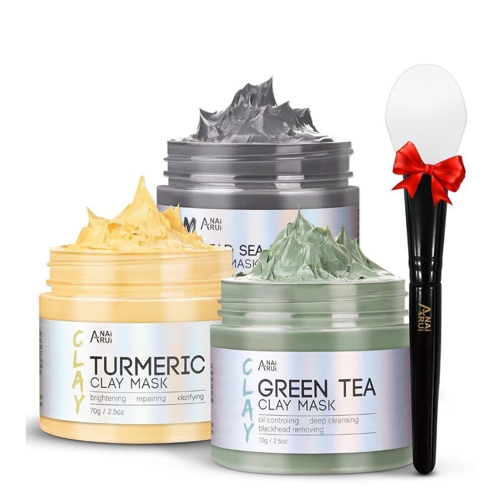 3Pcs Face Mask Set, Turmeric Clay Mask - Green Tea Face Mask - Dead Sea Minerals